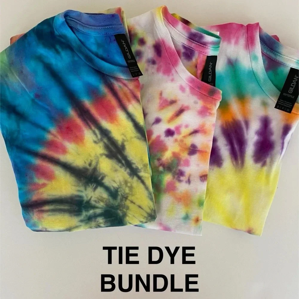 NEW Unisex Small GILDAN Soft Style Multi Colored Tie Dye T-Shirt Bundle of 3
